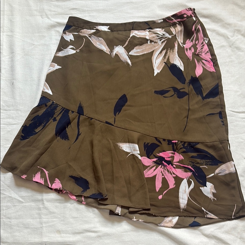 H by Halston Asymmetrical Wrap Mini Skirt in Brown and Pink